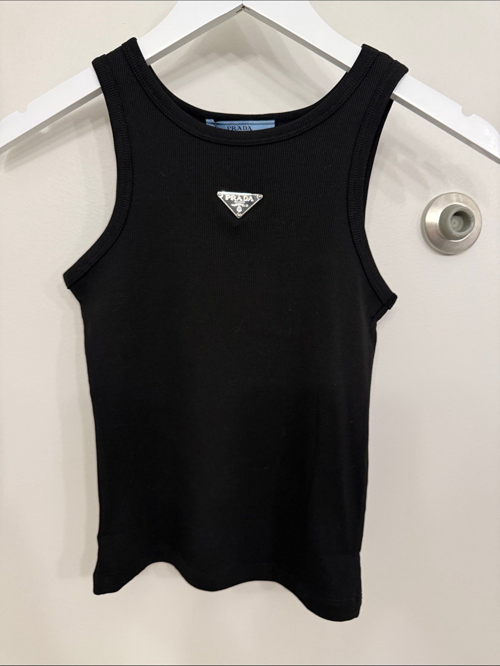 Prada Black Ribbed Tank with Silver Triangle Emblem
